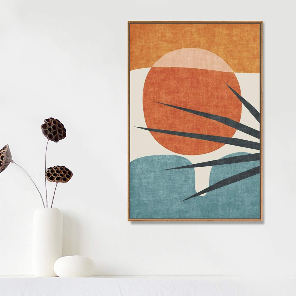 Idea4Wall Framed Canvas Print Wall Art Abstract Blue Palm Tree & Red Sun Geometric Shapes Illustrations Modern Art Mid-Century M