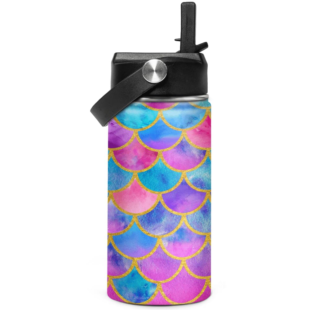SANDJEST Mermaid Water Bottle for Girls Kids Kid Insulated Water Bottles 12oz Stainless Steel Travel School Tumbler Double Wall 