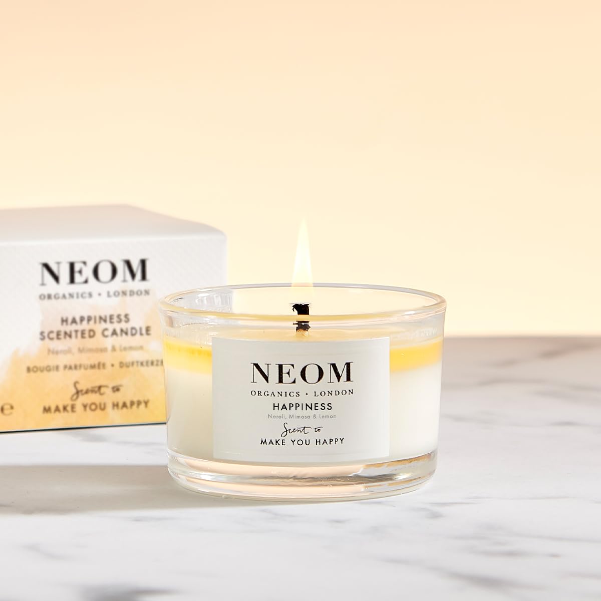 NEOM- Happiness Scented Candle, Travel Size | Essential Oil Aromatherapy Candle | Neroli, Mimosa & Lemon | Scent to Make You Hap