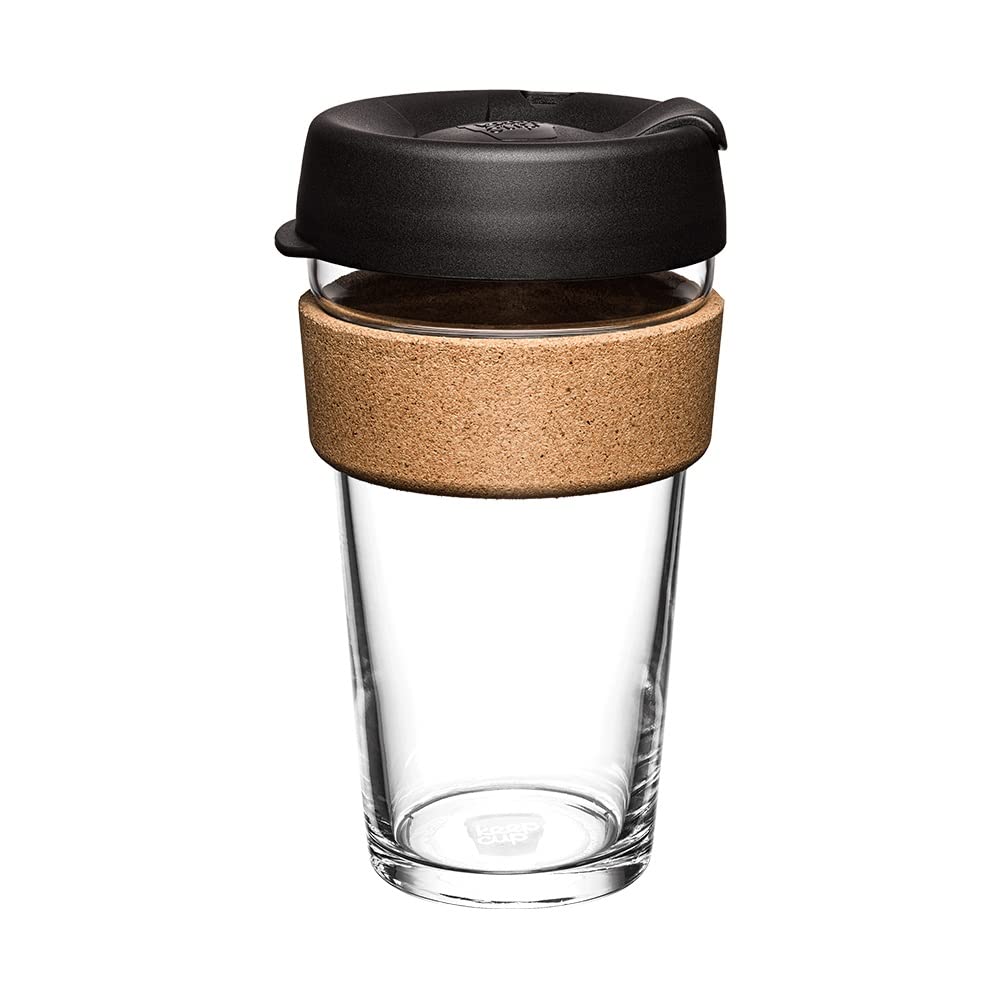 Keepcup Brew Cork - Reusable Coffee Cup Tempered Glass And Natural Cork, L 16Oz/454Ml - Black