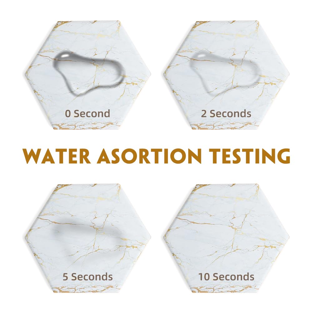 Marble Coasters For Drinks Absorbent With Cork Base, 8Pcs Drink Coasters For Wooden Table With Metal Holder, Gold Ceramic Cup Co