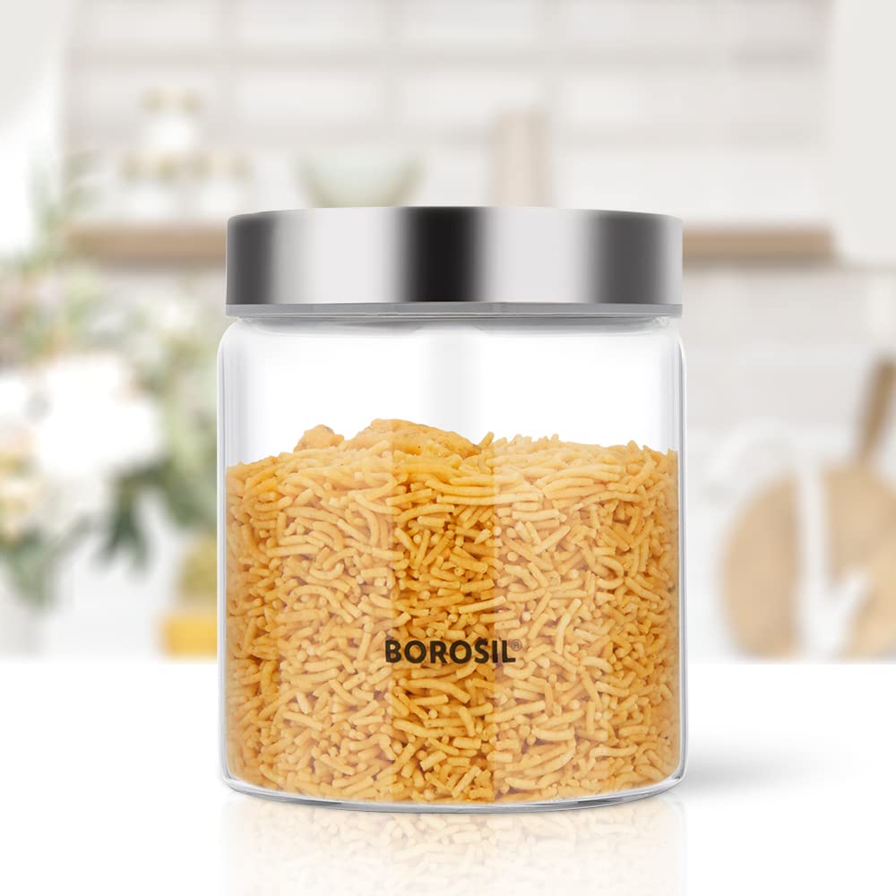 Borosil Endura Jar Set (1200Ml X 2) With Steel Lid | Made In India Borosilicate Glass Storage Organiser | Microwave & Dishwasher