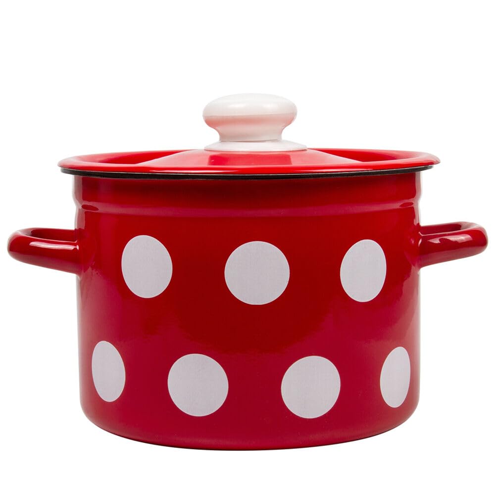 HOMEHUT Red White PolkaDot Cylindrical Enamel Pot 4.5L  Durable Enamel Coating Steel Saucepan with Stainless Steel Handle  He