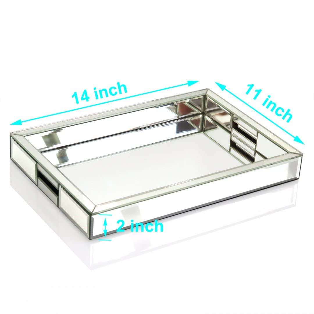 Rectangle Silver Mirror Decorative Tray Size 11?Length x 14?Width x 2?Height  Mirrored Vanity Organizer with Hand  Markup Perfume Jewelry Tray for Bathroom Bedroom Dresser Coffee Table qmdecor