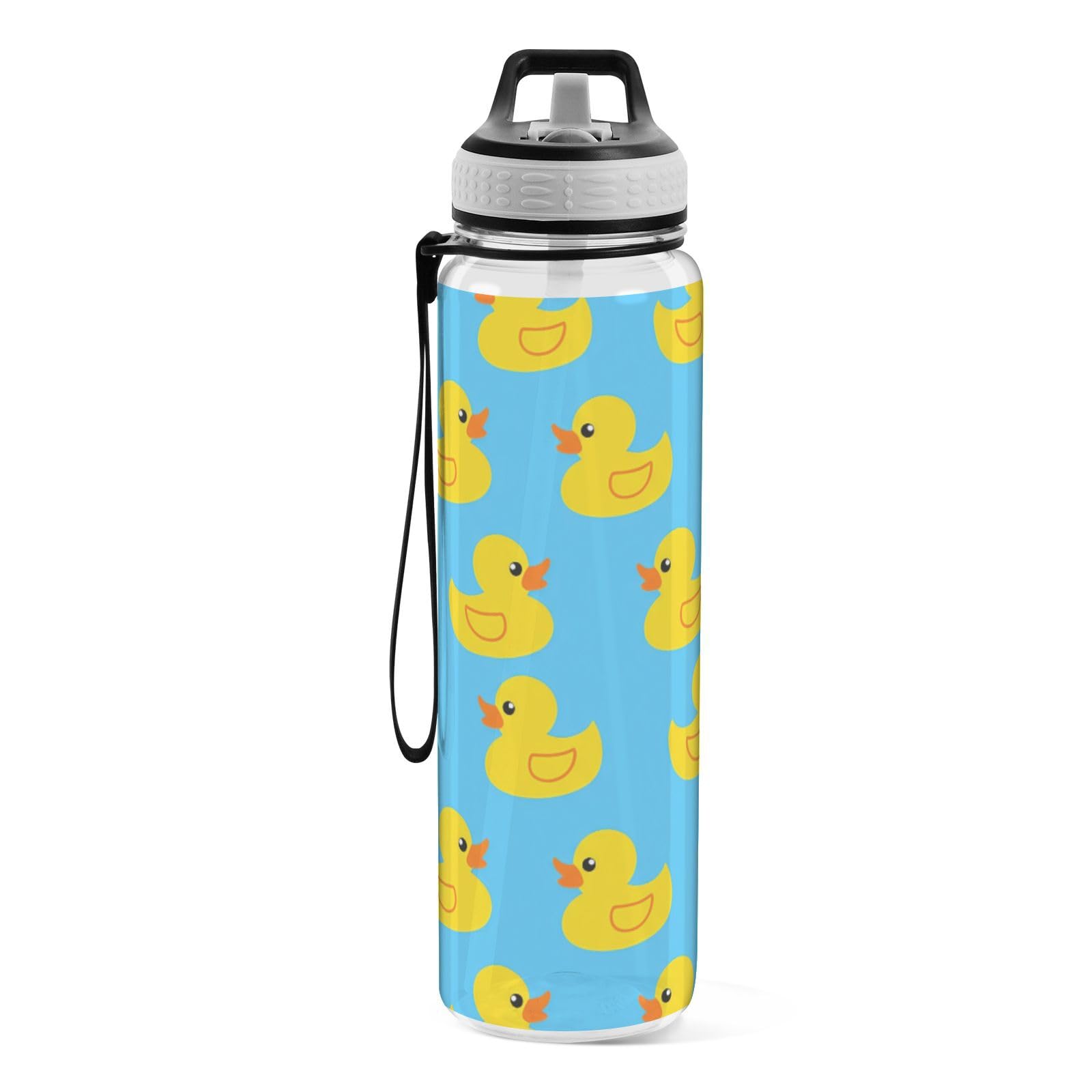 Eraedgza Yellow Rubber Ducks Clear Water Bottle 32 oz BPAFree Tritan Drinking Water Bottle with Straw and Strap for Sports Gym 