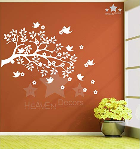 Heaven Decors Birds On Tree With Flower Wall Sticker For Living Room (Pvc Vinyl, Ideal Size On Wall 59 Cm X 83 Cm) White