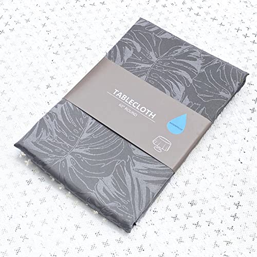 Efficinature Round Tablecloth Grey Table Cloth Leaves Pattern Scalloped Edge Silky Soft Waterproof Washable 50 Inch Fabric Table