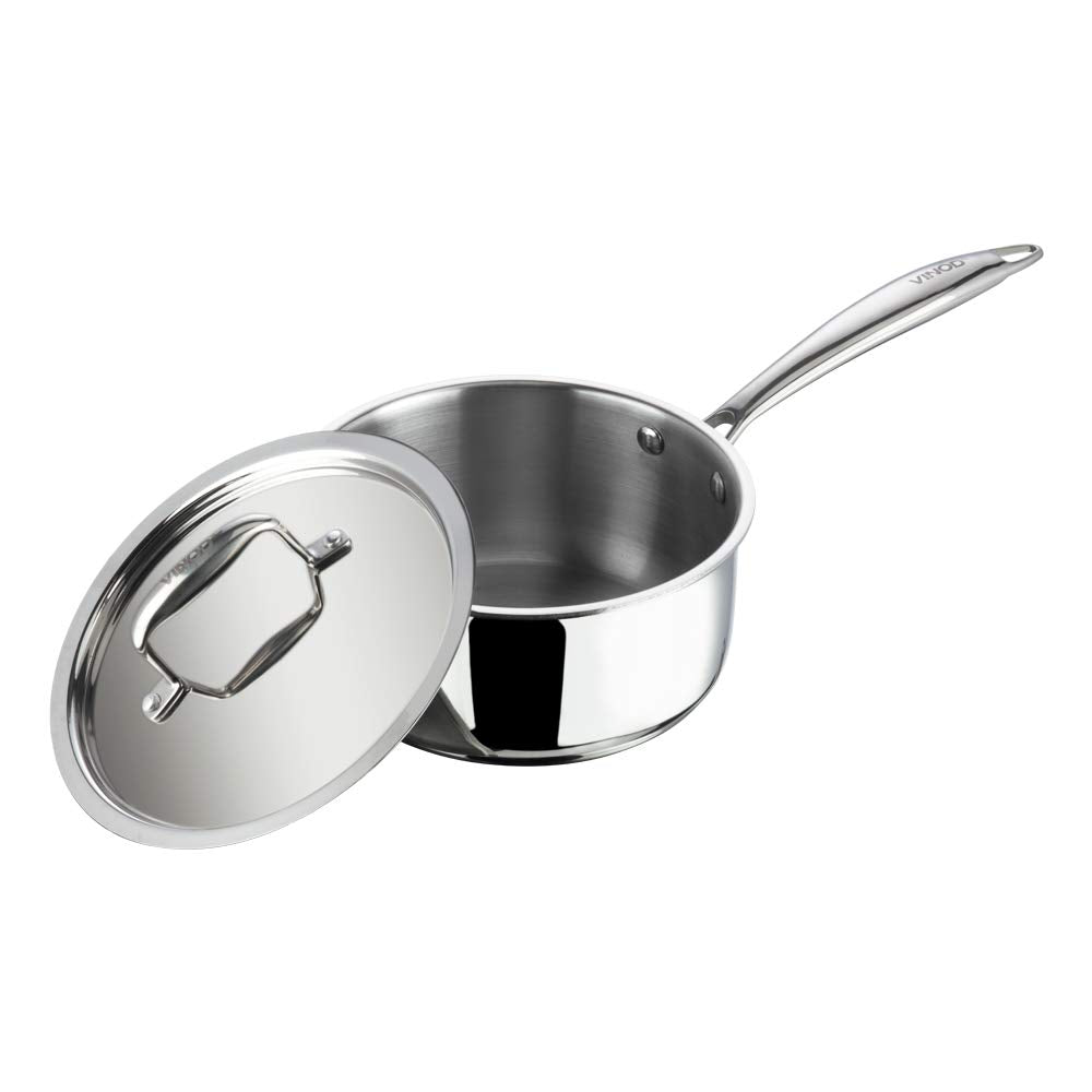 Vinod Platinum Triply Stainless Steel Saucepan With Lid - 1.2 Litres (14 Cm) | 2.5 Mm Thick | Tea, Chai Pan | 5 Year Warranty |