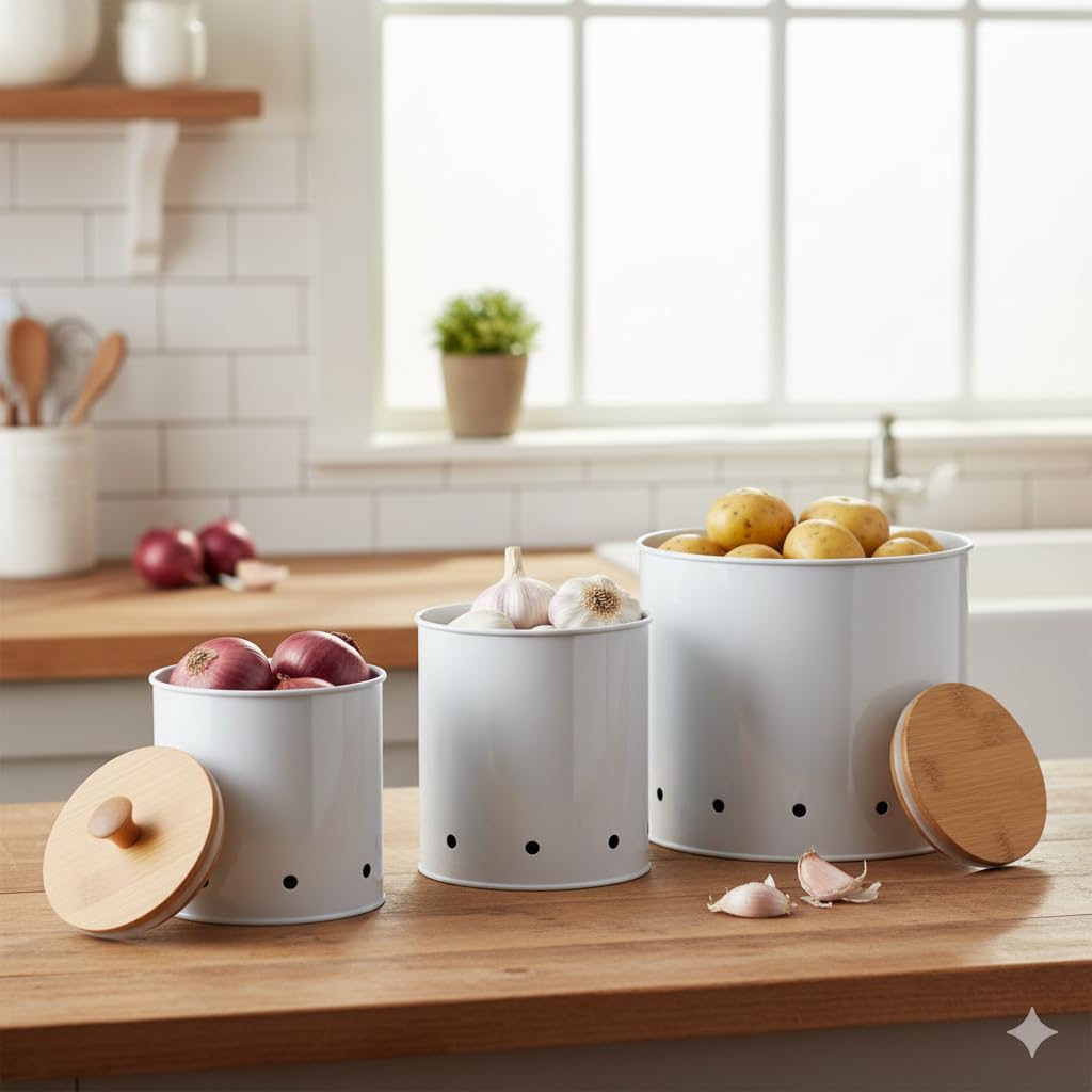 The Better Home Metal Potato, Onion, Garlic Storage Container With Bamboo Lid|Vegetable Basket Jar Set For Kitchen Jar Container