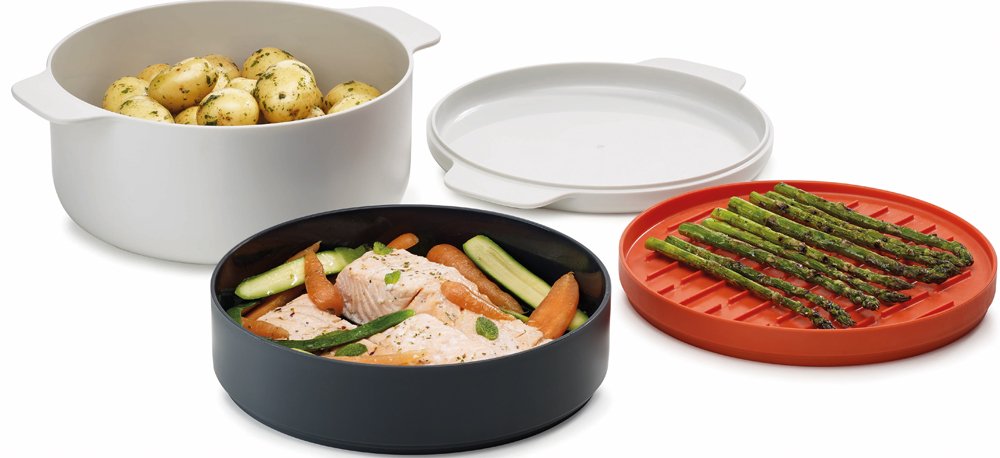 Joseph Joseph M-Cuisine Microwave 4-Piece Stackable Cooking Set  2 liter cooking pot  steamer  griddle and lid  Orange/Beige