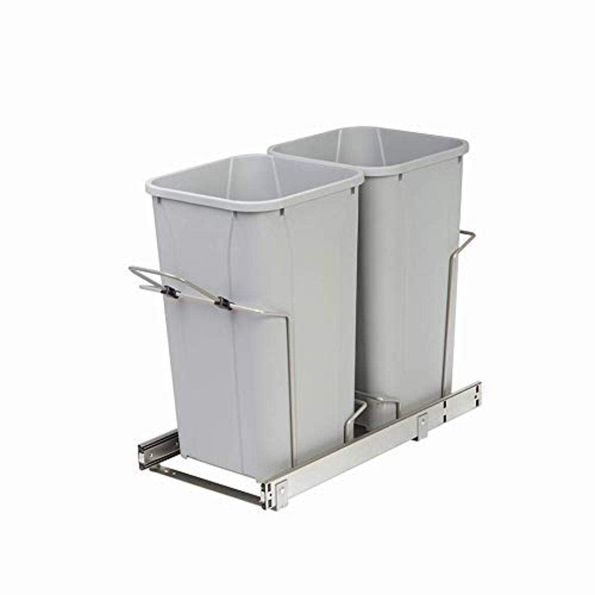 Knape & Vogt SCB12-2-27PT Double 27 Qt Soft-Close Bottom-Mount Pull-Out Trash Can, 22 Deep x 11-3/8 Wide x 18-3/4 High, Platinum