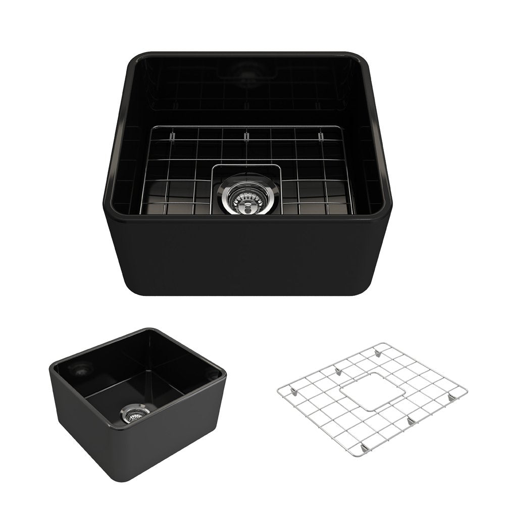 Bocchi Classico Farmhouse Apron Front Fireclay 20 In. Single Bowl Kitchen Sink With Protective Bottom Grid And Strainer In Black