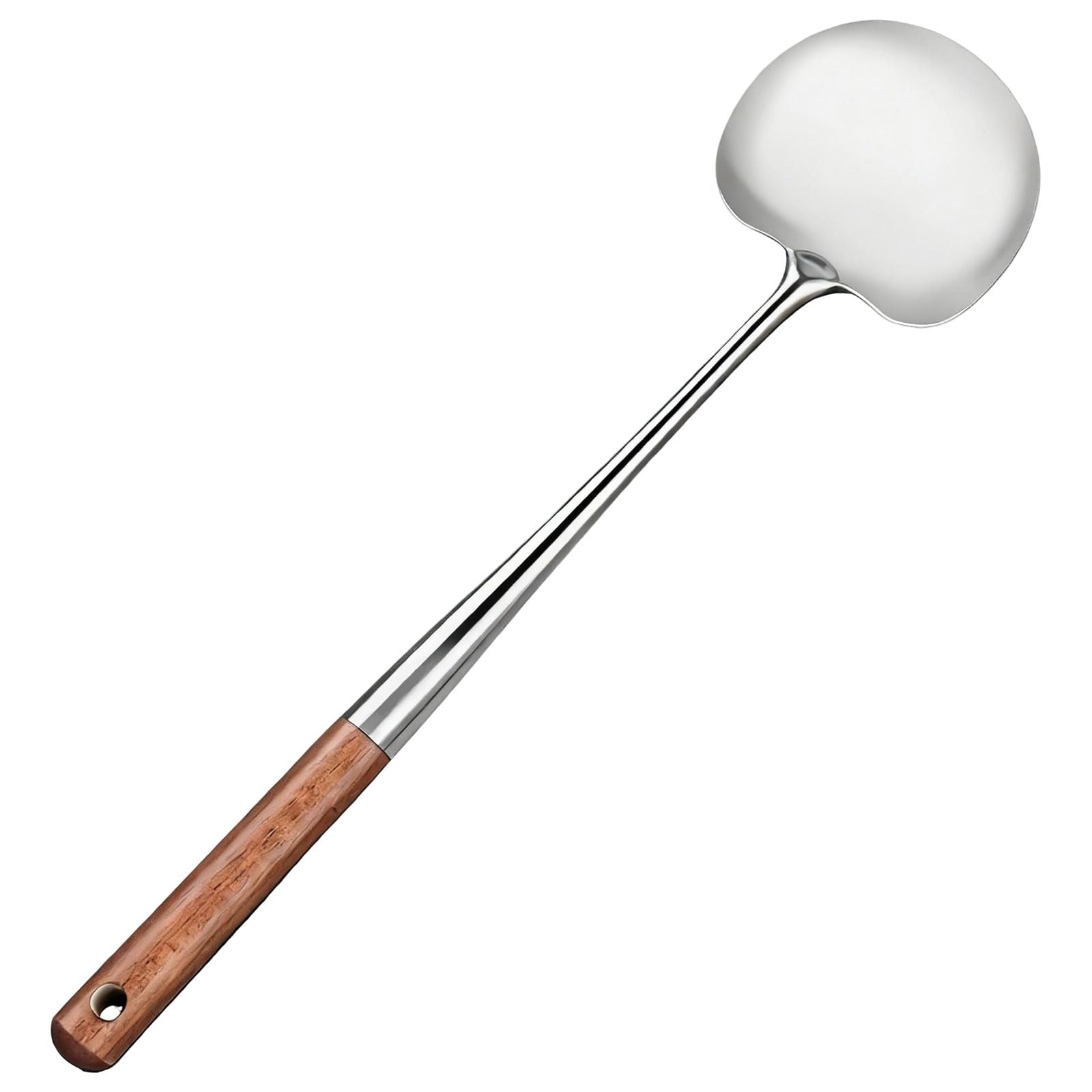 Hikiwin Stainless Steel Wok Spatula, Mushroom Shaped Metal Cooking Flipper, Long Wood Handle Stainless Steel Wide Scraper for Ki