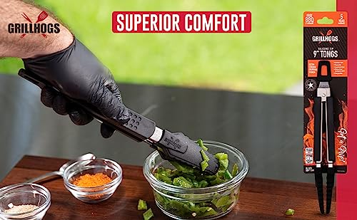 Grillhogs 9-Inch Kitchen Tongs Your Everyday Tong For Cooking, Dishwasher Safe, Stainless Steel + Soft Touch Rubber Handle, Non-