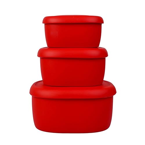 BLUE gINKgO Nesting Silicone containers - Set of 3 Hard-Shell Silicone Food Storage containers  BPA Free  Airtight  Dishwasher and Freezer Safe (67oz  10oz  20oz) - Red