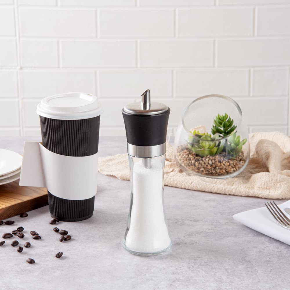 Restaurantware Vetri 6.3 Ounce Sugar Dispenser 1 Pouring Spout Sugar Shaker Dispenser - Black Lid Clear Finish Glass Sugar Poure