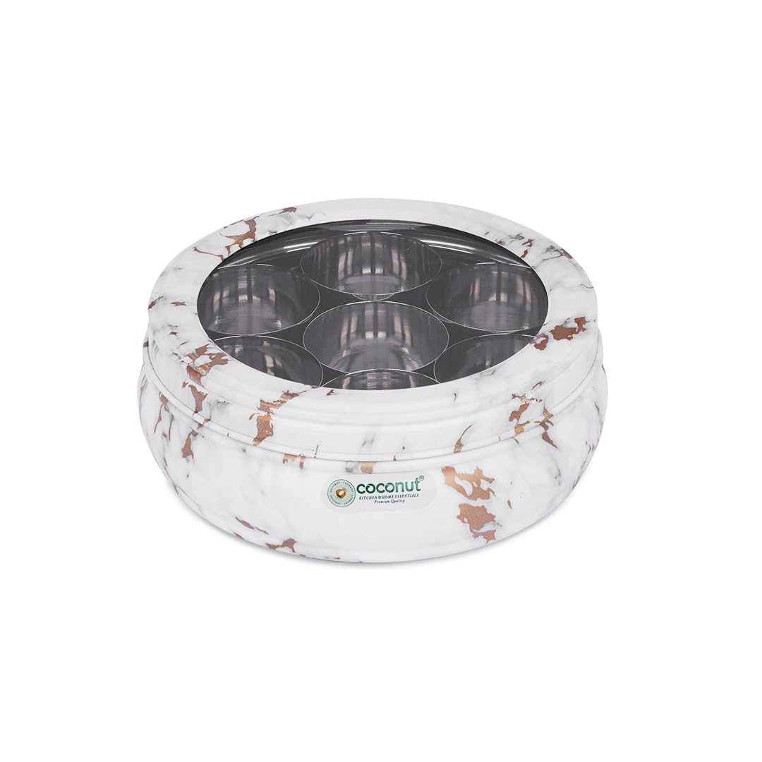Coconut Stainless Steel  MarbleLook Masala Box With 7 Containers & Spoon | Belly Shape Spice Organiser With See Through Lid | 