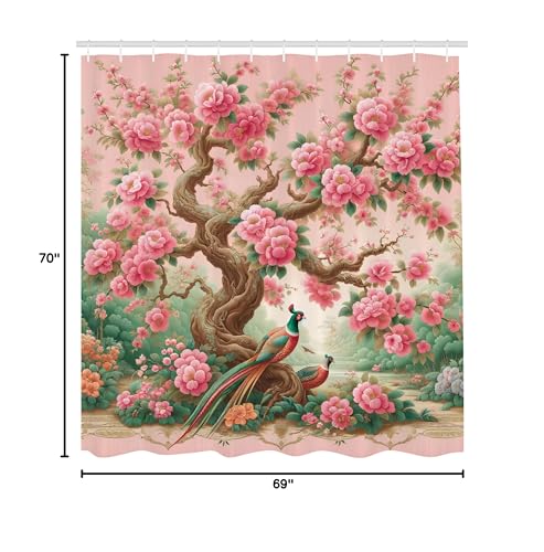 Ambesonne Spring Shower Curtain, Asian Dreamy Blooming Blush Tone Flowers And Peacocks With Fantasy Tree, Cloth Fabric Bathroom