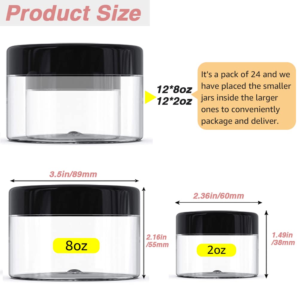 8 Oz Plastic Containers With Lids + 2Oz Small Containers With Lids (Set Of 24) Plastic Jars With Lids Cosmetic Jar - For Lip Scr