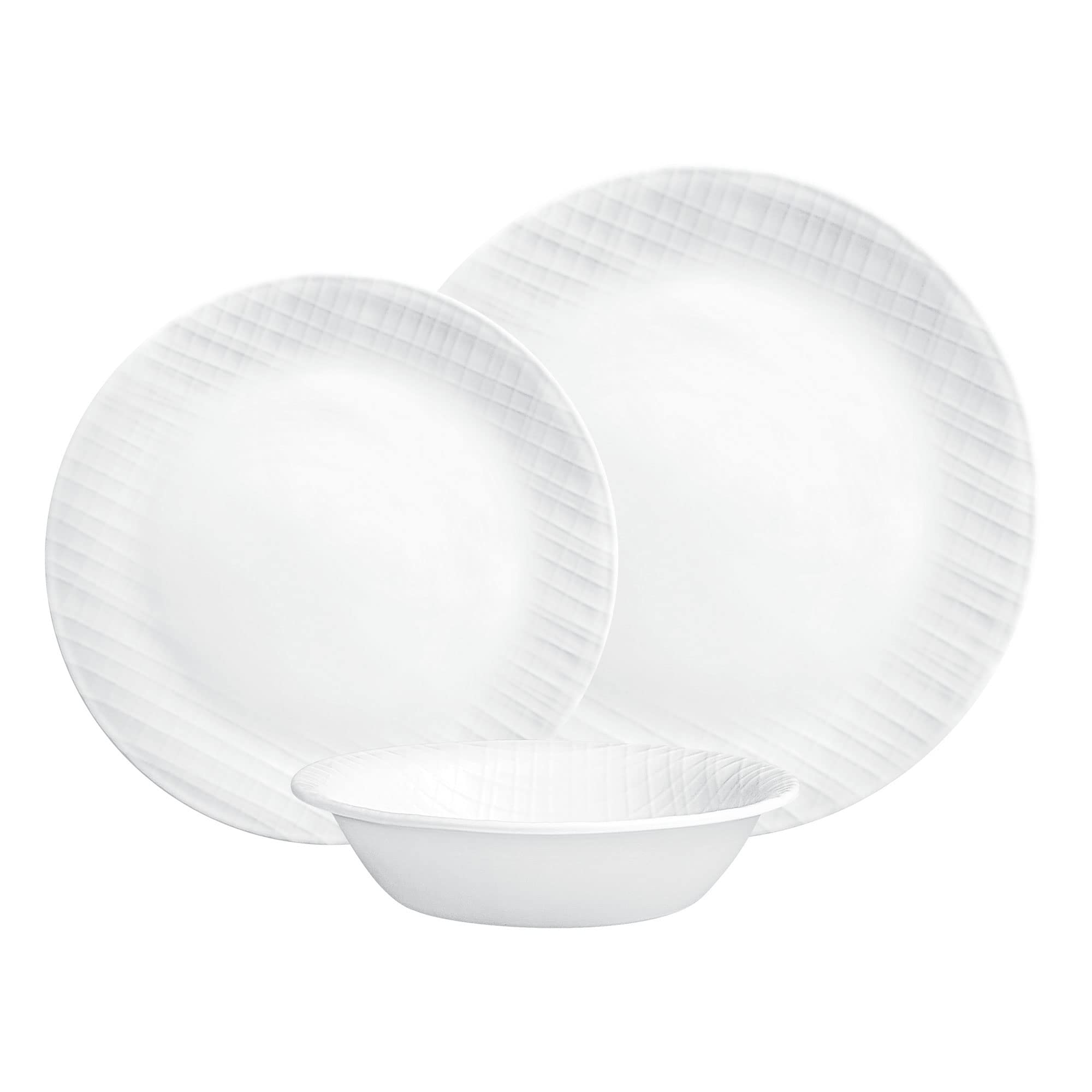 Corelle Dinnerware Set, 12-Piece, Linen Weave, Tempered Glass, Dinner Plates, Side Plates & Bowls, 3X More Durable, Half The Spa