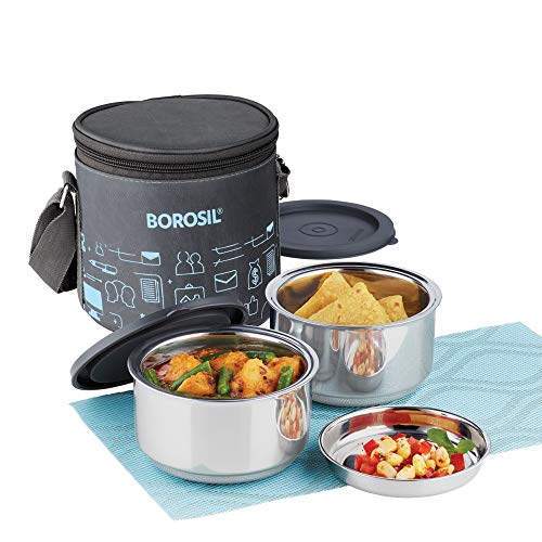 Borosil Carry Fresh Stainless Steel Lunchbox | 2 Pc Round Container Set (280Ml Each) | Tiffin For Office, School & College With 