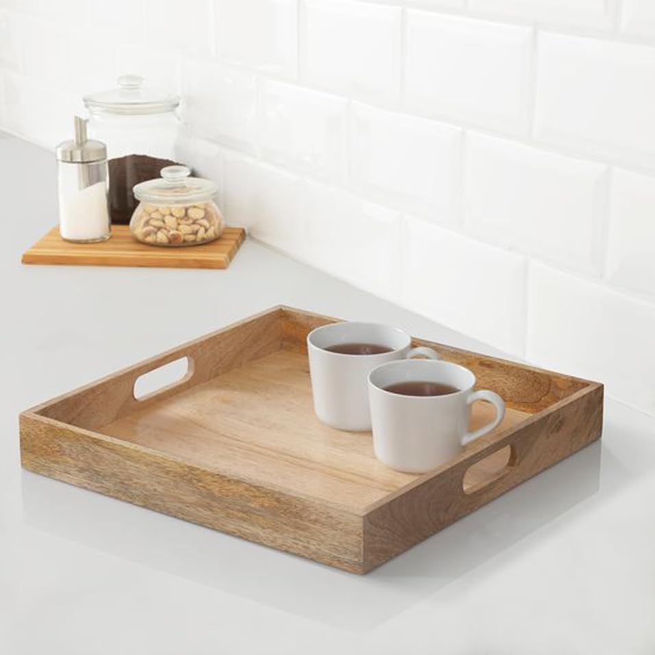 Mango Wood Hamdan Large Serving Tray, Tray With Cutout Handles, Rectangle Butler For Breakfast In Bed, Coffee Table Decor, Party