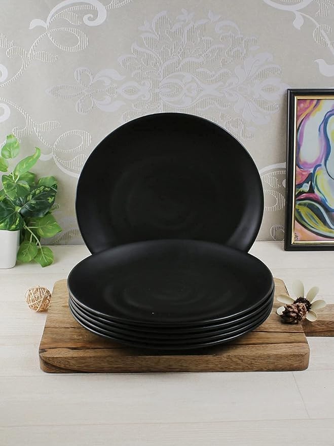 Coolkart Melamine Full Size Dinner Plates Matte Finish Black Spiral Design Plates (Set Of 12, 11 Inches)