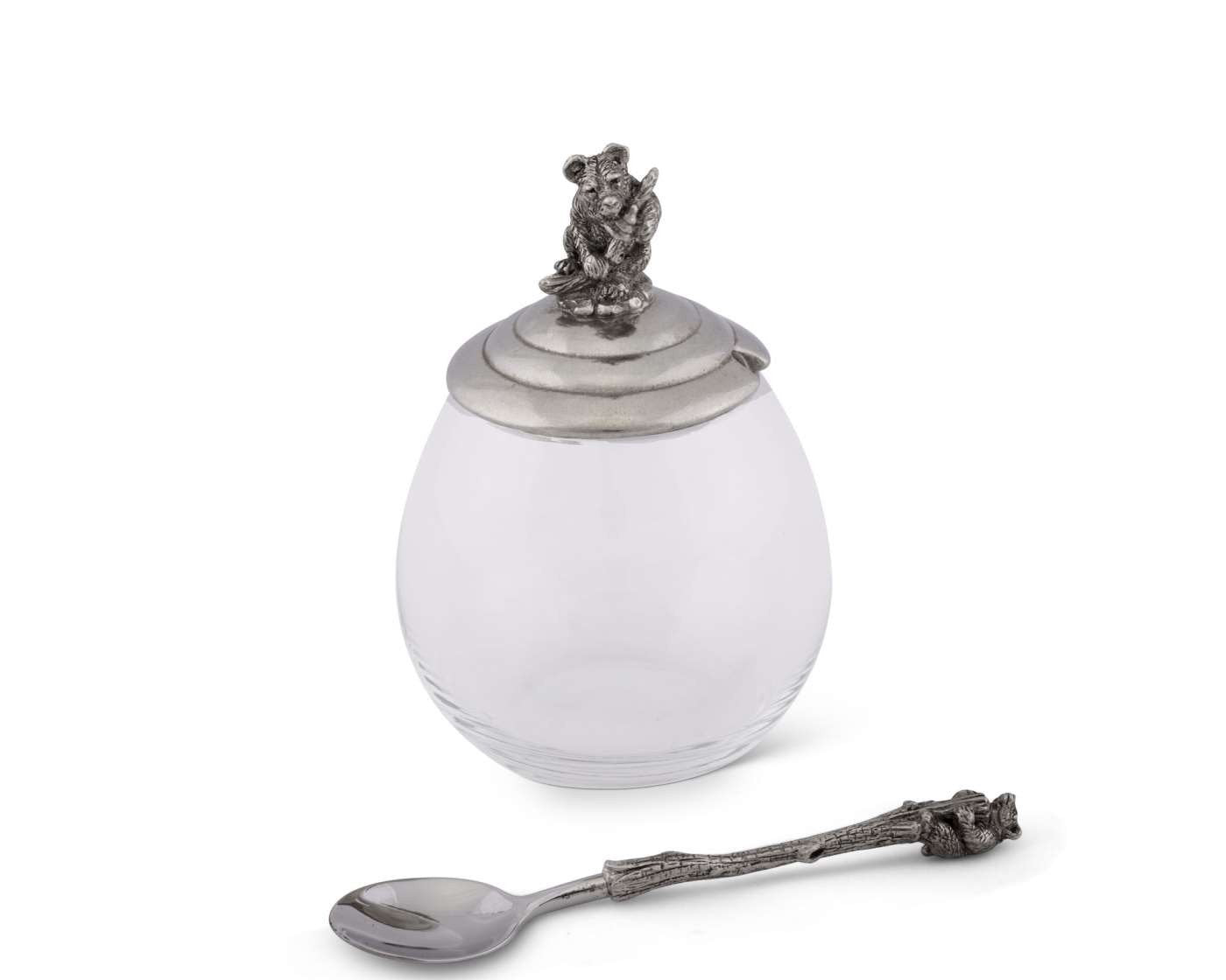 Vagabond House Pewter Little Bear Glass Honey Pot Sugar Bowl Jam Jelly Jar 5 Inch Tall 12 Oz