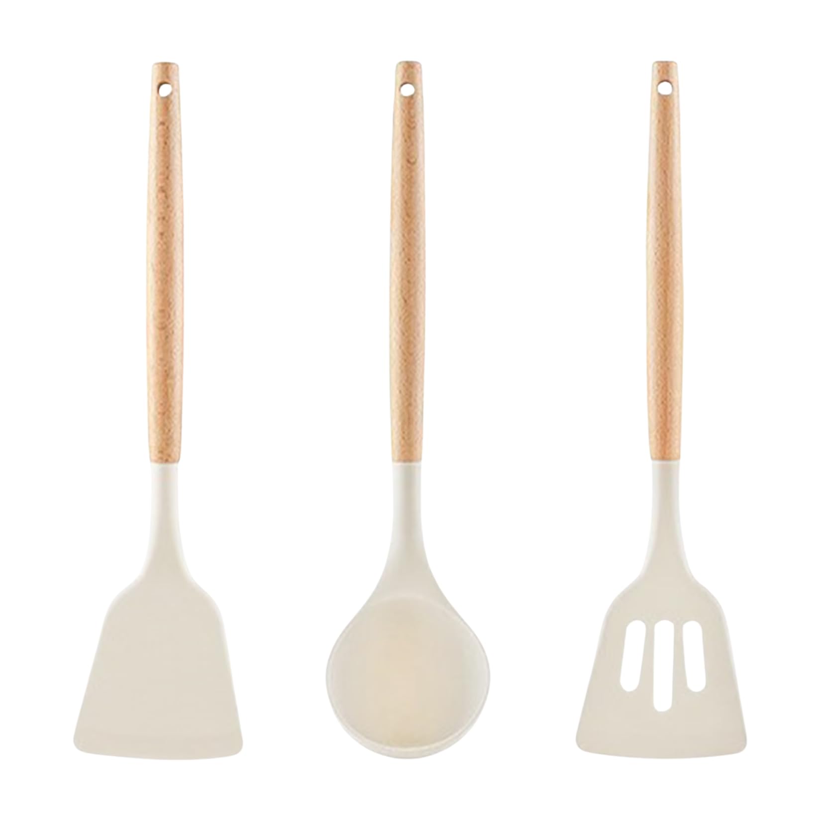 Silicone Kitchen Utensil Set With Wooden Handles, Spatula, Soup Spoon And Slotted Turner, HeatResistant, NonScratch, 3 Piece