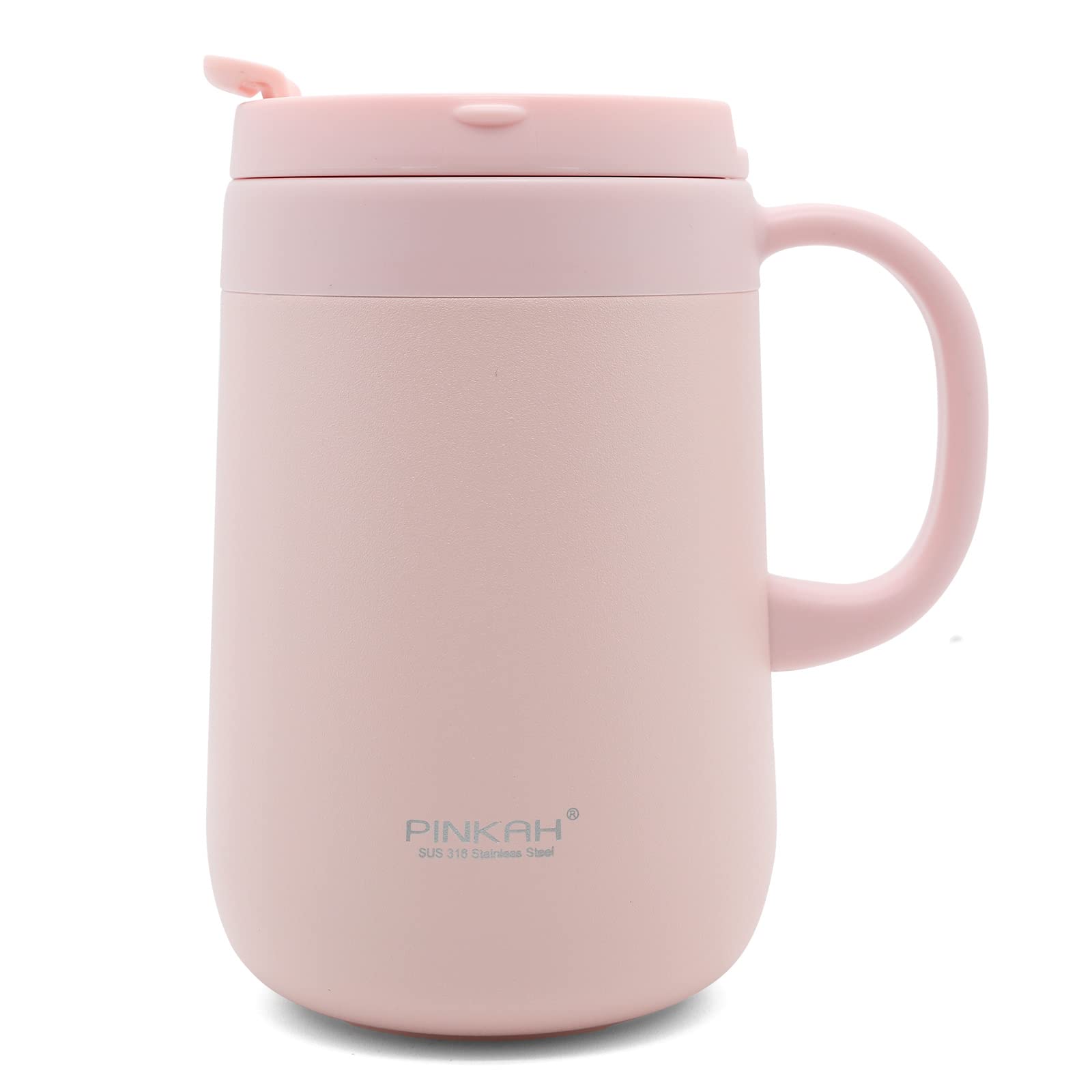 Pinkah Stainless Steel Coffee Mug With Lid And Handle, Double Wall Vacuum Insulated Cup, 16Oz, Pink