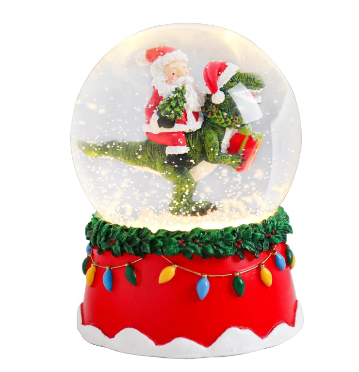 Christmas Snow Globe with Santa and Dinosaur, 3.9x3.9x5.1 Inch LED Light-Up and Music, Battery Operated Holiday Decoration - Fes