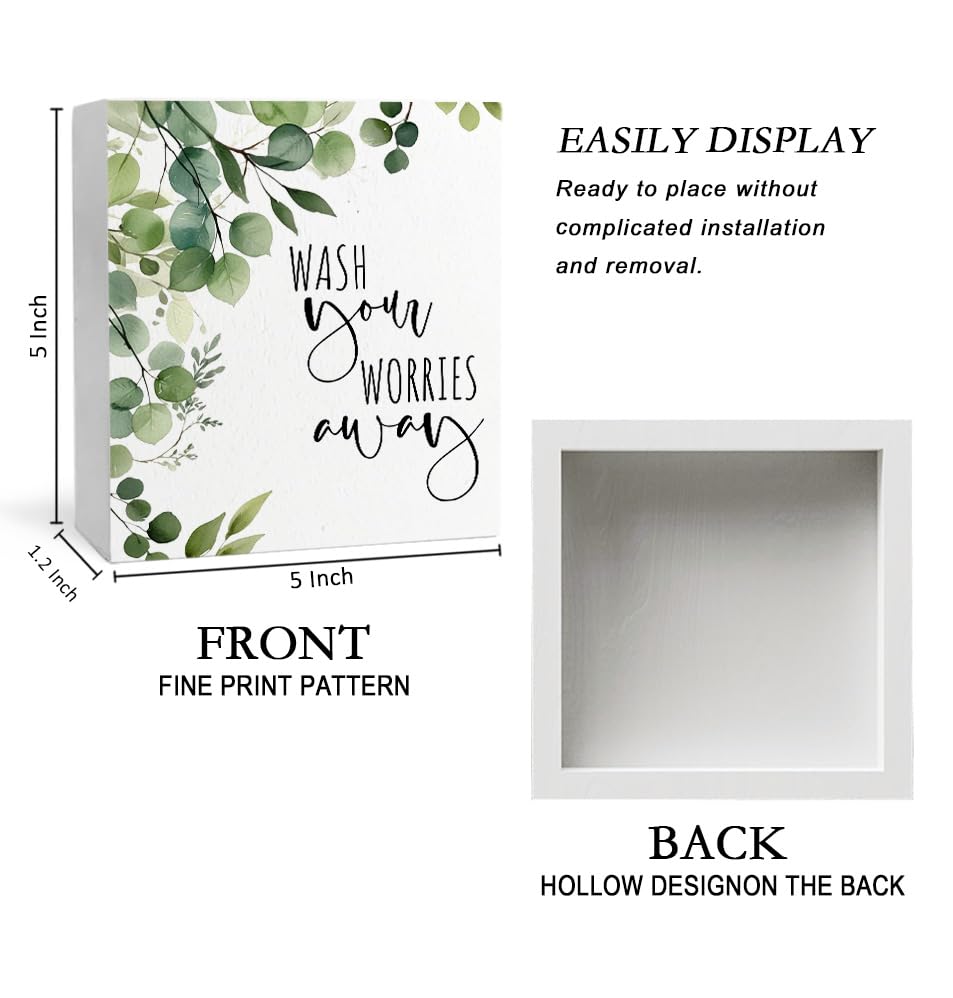 Wash Your Worries Away Funny Bathroom Wooden Box Sign, Eucalyptus Botanical Wood Signs for Restroom Bathroom Toilet Half Bath Sh
