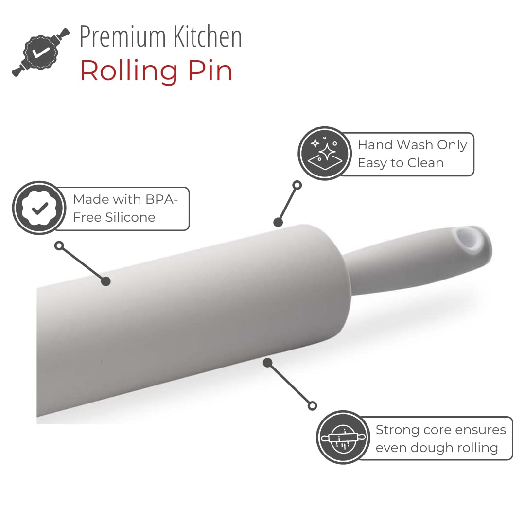 Husmait Silicone Rolling Pin - Premium Kitchen Baking Pin For Rolling And Baking - Great For Making Dough, Bread And Pizza
