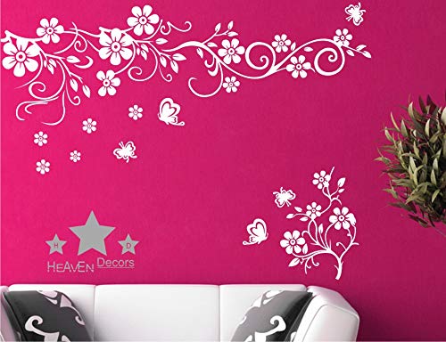 Wall Sticker Flower With Butterfly White Wall Decal Wall Covering Area Size(105 X 65) Cm