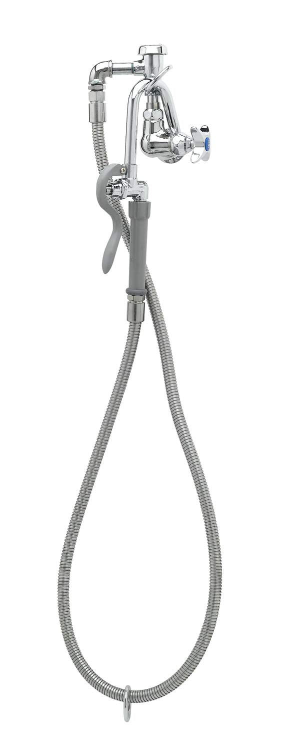 T&S Brass B-0605 Wall Mount Vacuum Breaker Stainless Steel Hose Self-Closing Hook Nozzle Pot Filler, Silver