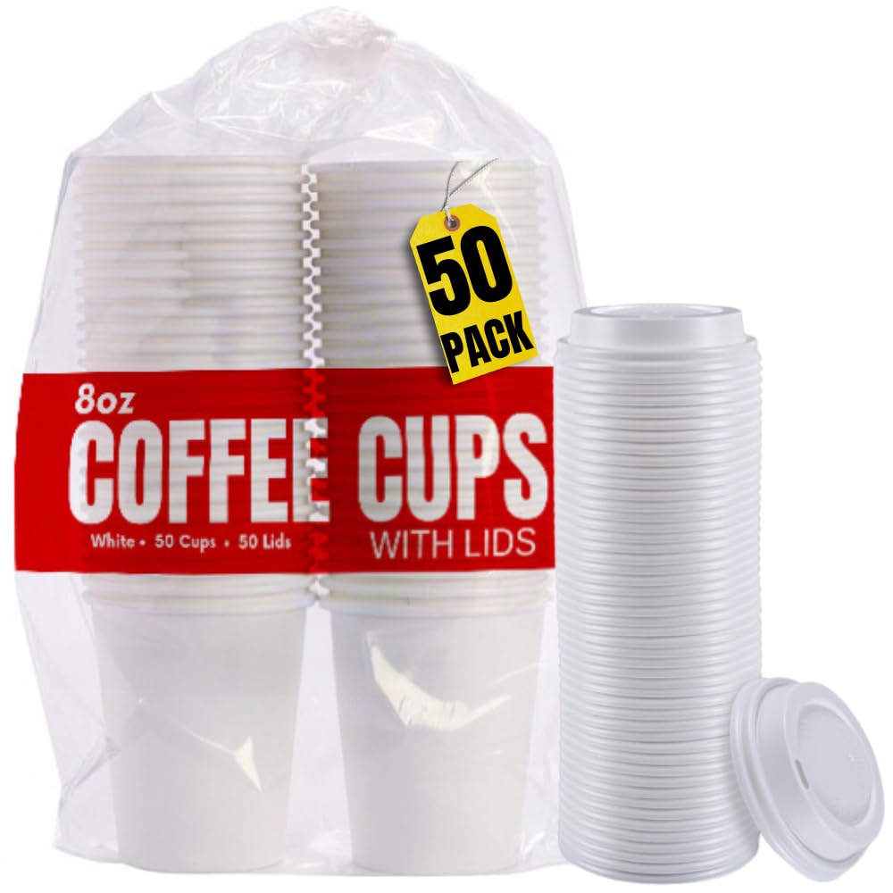 1InTheHome 8 oz Coffee Cups With Lids Disposable Paper Coffee Hot Cups (50 Cup & 50 Lids)