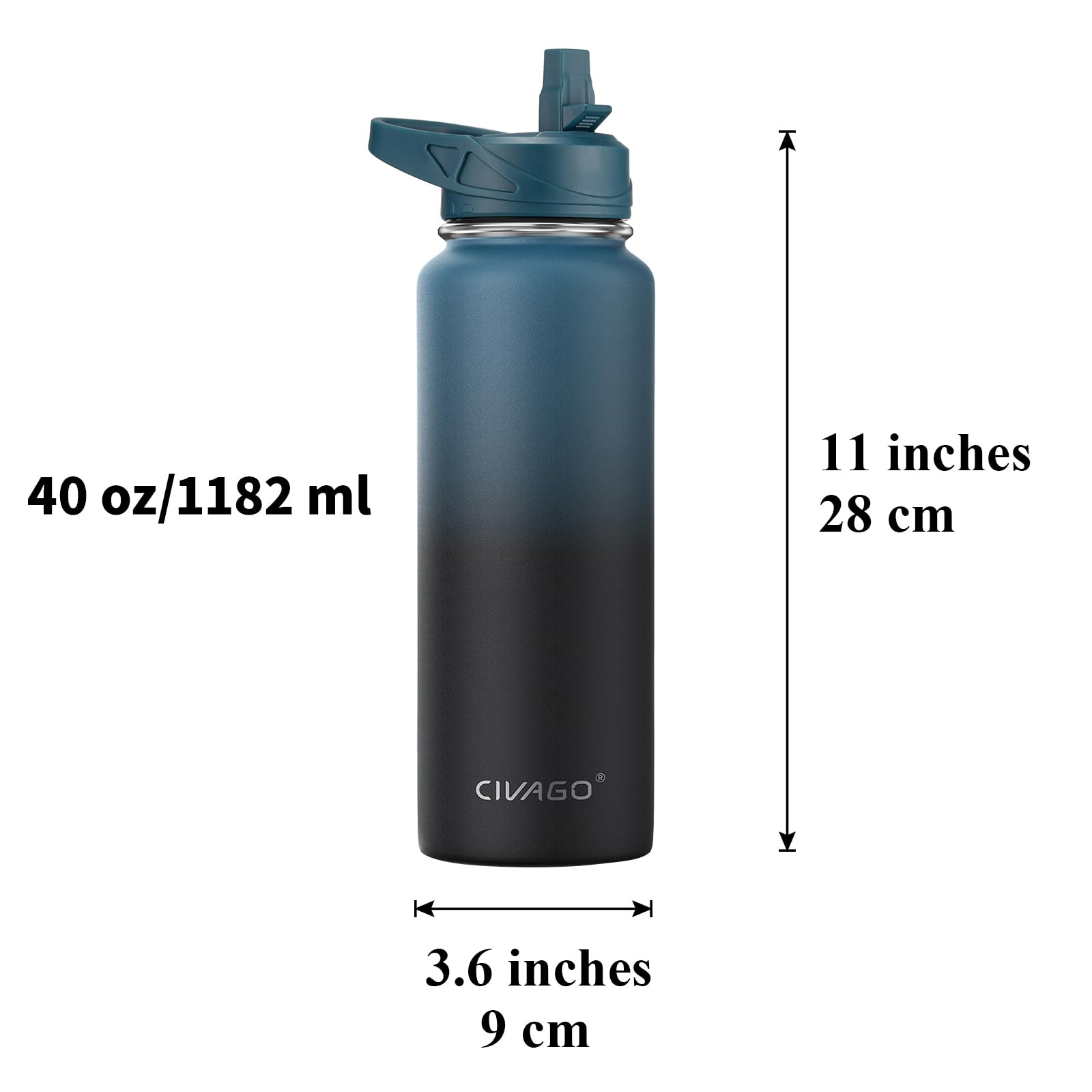 CIVAGO 40 oz Insulated Water Bottle With Straw  Stainless Steel Sports Water Flask Cup with 3 Lids (Straw  Portable Spout and Handle Lid)  Double Walled Travel Thermal Canteen Mug  Dreamy Black Gray
