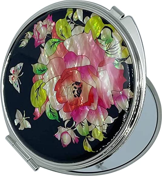 Nacreh Portable Makeup Compact Double Magnifying Mirror Cosmestic Foldable Pocket Style Unique Mother Of Pearl Design (Rose)