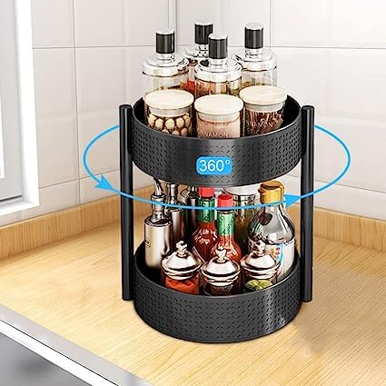 Feeling Mall Kitchen Rotating Spice Rack Turntable Black Carbon Steel 360 Degree Rotatable Seasoning Holder Countertop Organizer
