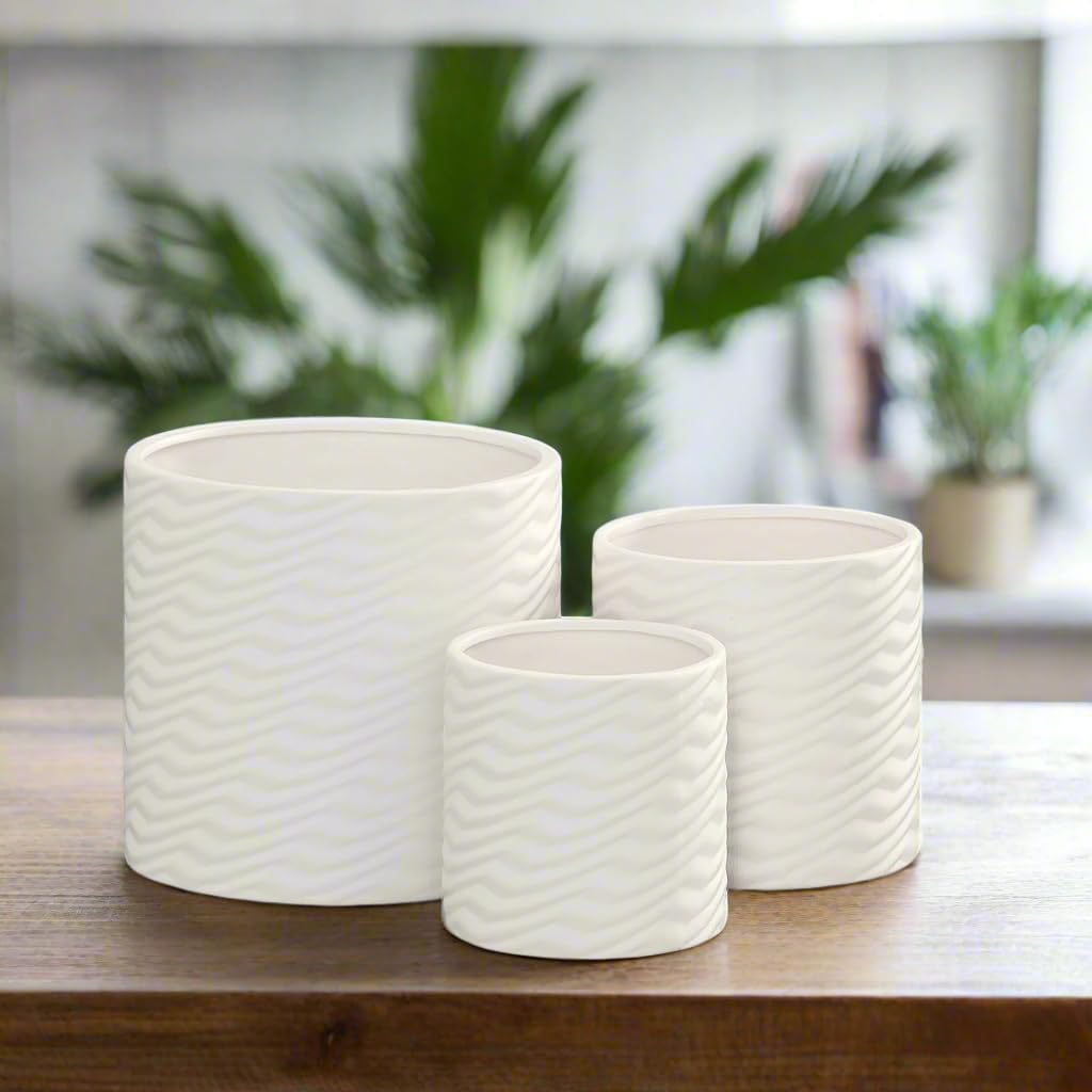 Ceramic Round Pot with Embossed Vector Pattern Design Body Set of Three Matte Finish White