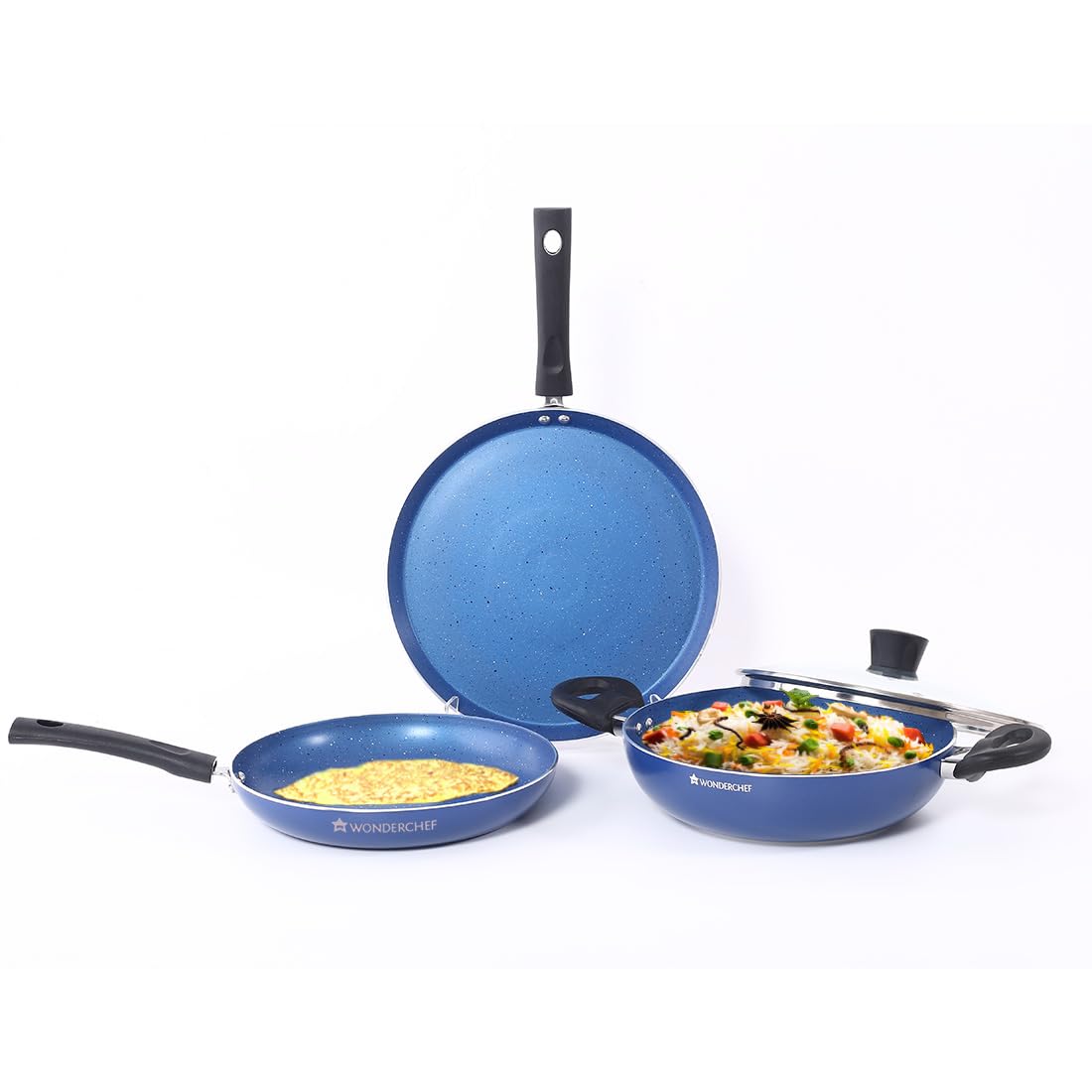 Wonderchef Valencia Non-Stick Cookware 4 Piece Set | Kadhai With Lid 24 Cm, Fry Pan 24 Cm, Dosa Tawa 28 Cm | Cool Touch Bakelite