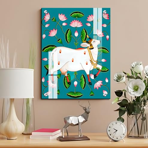 Chalk My Theme Sacred Cow Pichwai Wood Print Wall Art Blue Home Decor, Living Room, Bedroom, Cafe, Room Painting For Wall Decora