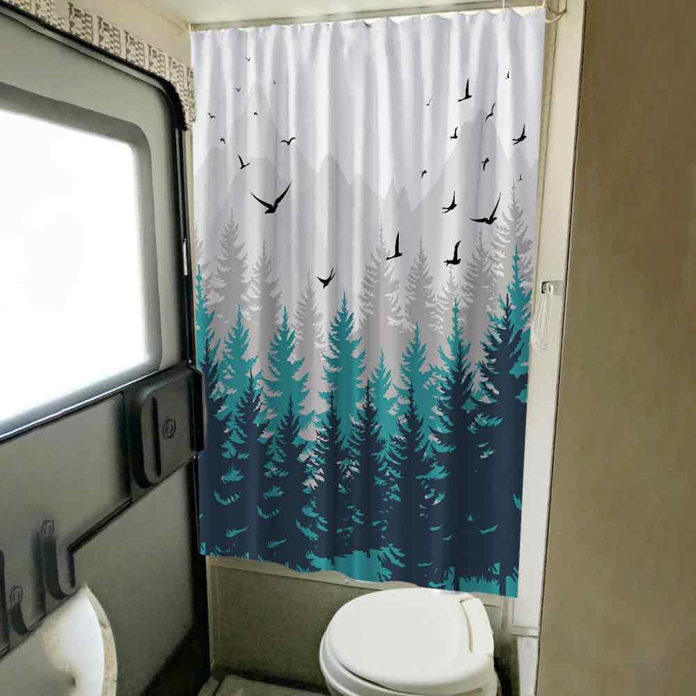 Rv Shower Curtains Forest Mountain Happy Camper, Fabric Rv Bathroom Curtain Sets With Hooks 47Wx64H Inches