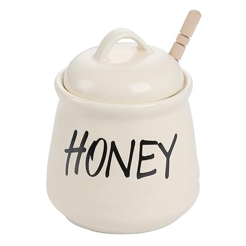 Haotop Porcelain Honey Jar With Lid And Honey Dipper 12Oz (Beige)