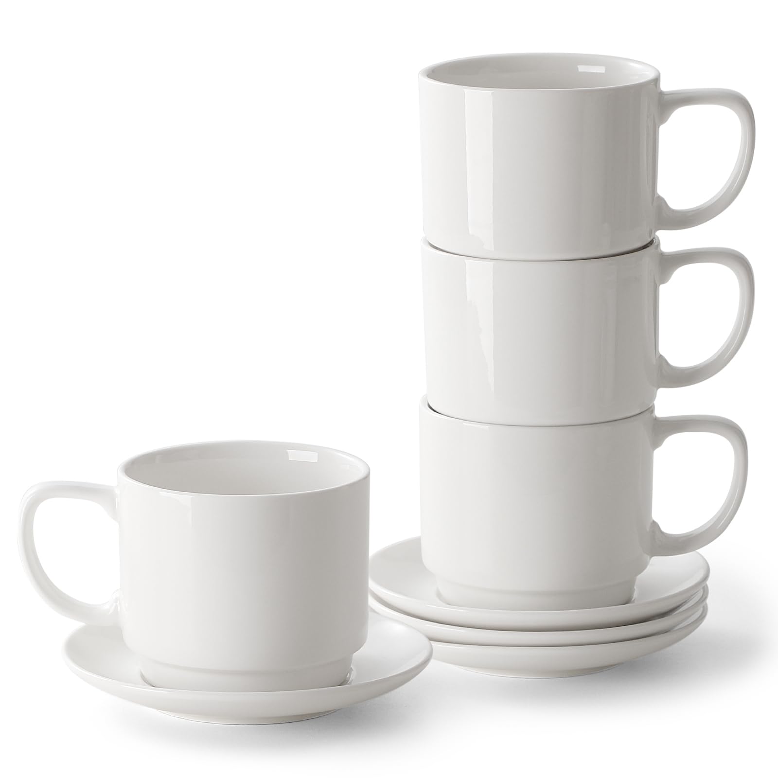 DOWAN 12oz Coffee Mugs, Cappuccino Cup and Saucer Set of 4, White Ceramic Coffee Cups for Latte/Tea/Milk, Tea Cups for Use in Of