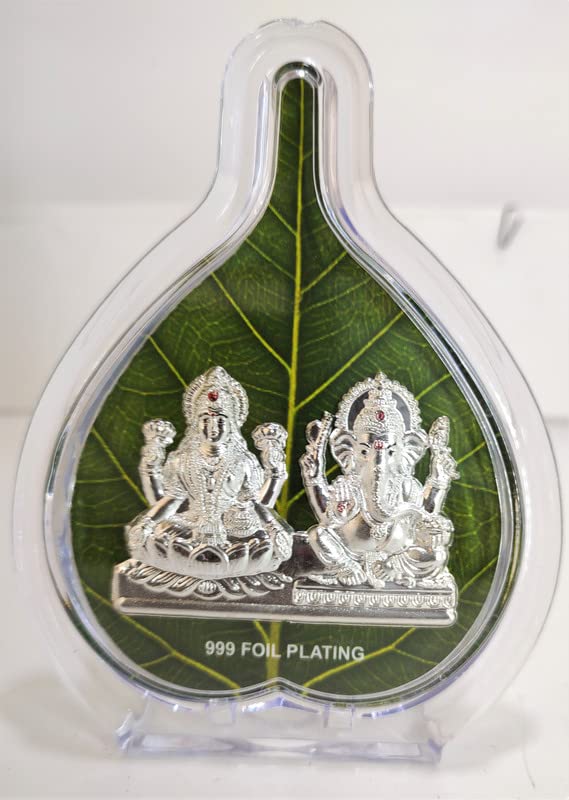 Altrona Ganesha Lakshmi Silver Idol Frame Leaf Shape For Dipawali/Dhanteras/Gifting/Akshaya Tritiya (Size 5X4 Inches)
