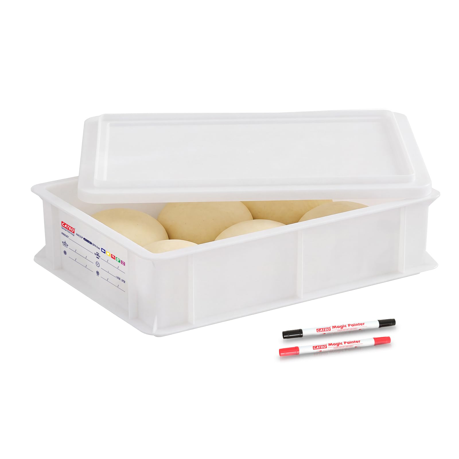 GATBO Pizza Dough Proofing Box with Lid, Commercial Food Grade Stackable Bread Proofing Container with Label Sticker & 2 Erasabl
