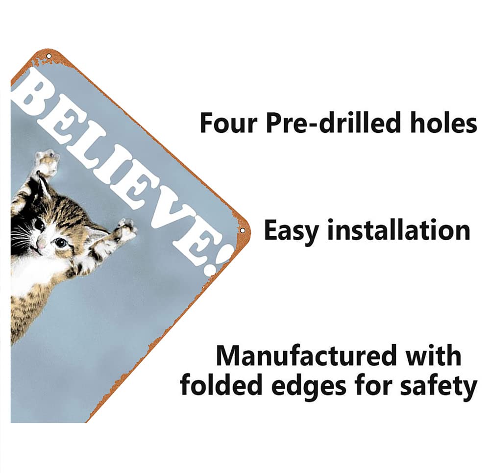 Believe Cat,Hang In There Cat Metal Tin Sign - Perfect Funny Motivational Poster For Home Or Office 12X8 Inch