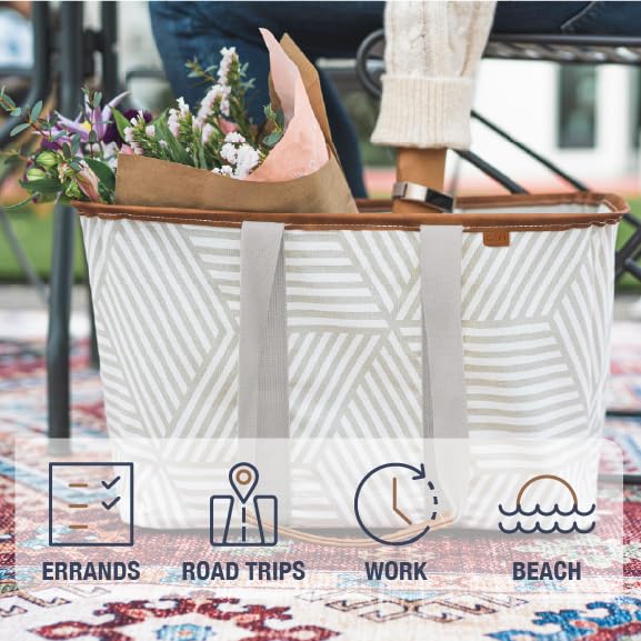 Clevermade Collapsible Luxe Tote, Geometric Taupe - 30L (8 Gal) Structured Tote Bag With Handles And Reinforced Bottom - Reusabl