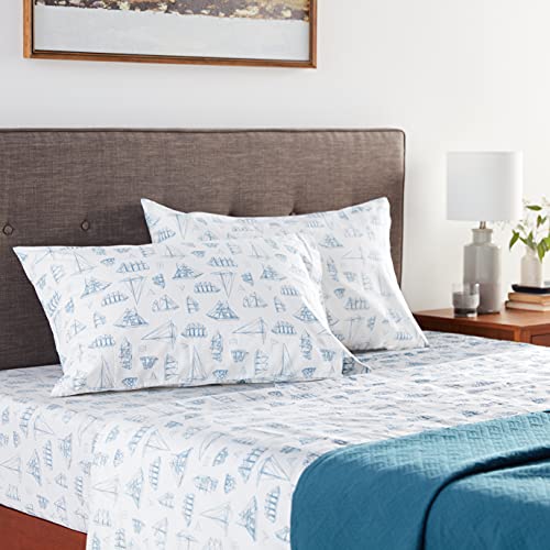 Nautica - Queen Sheet Set, Cotton Percale Bedding Set, Crisp  Cool, Lightweight  Breathable (Whitewood Sail Blue, 4 Pieces, Quee
